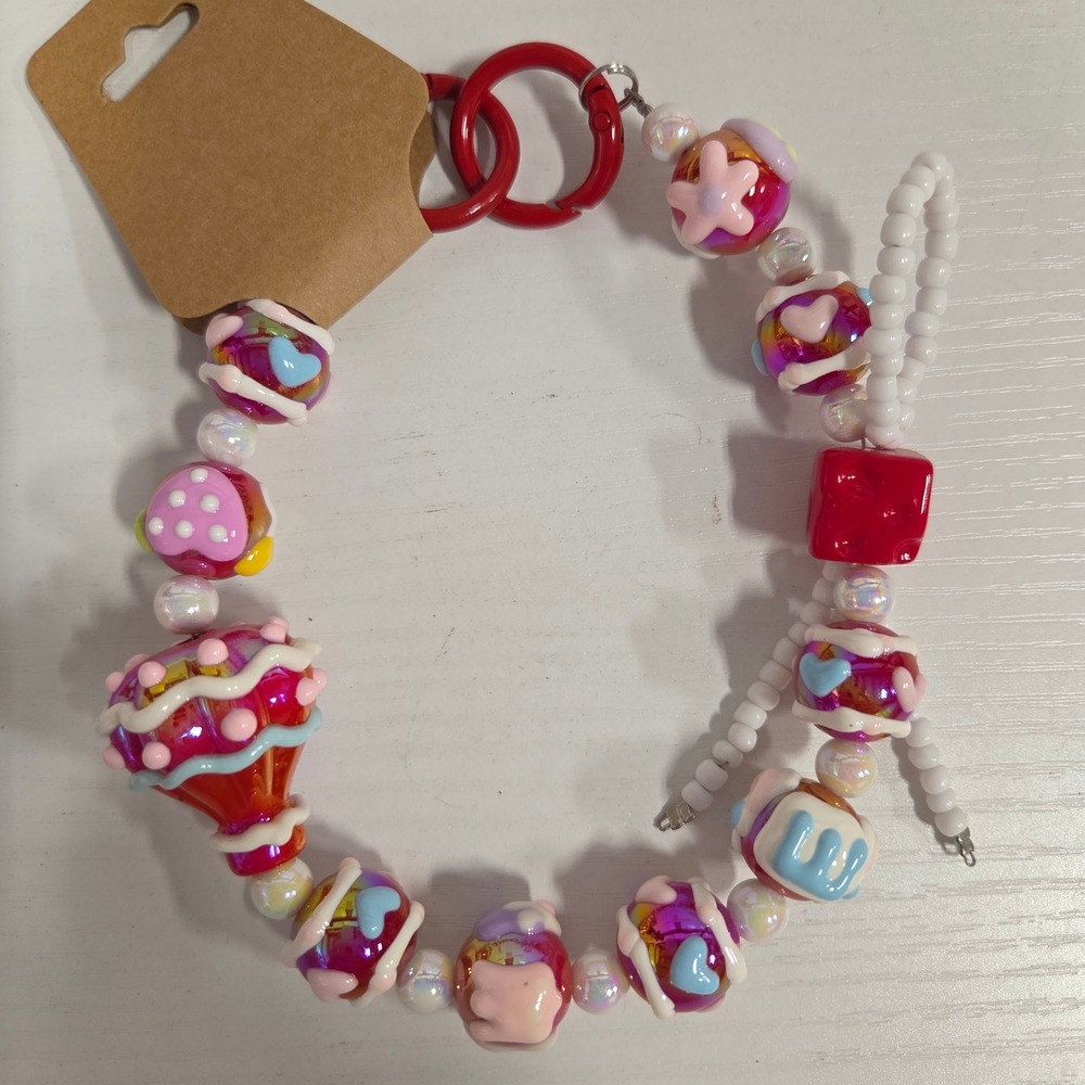 Kawaii Chunky Beaded Bag Charm Hot Air Balloon Heart Star Iridescent Keychain